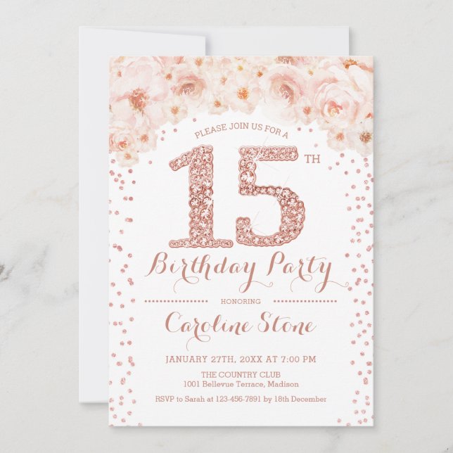 Invitation Fête des 15 ans - Rose Gold Blanc (Devant)