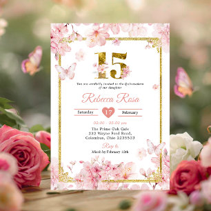Invitation Fête des 15 ans Sakura Cerisier Rose Or Quinceañer