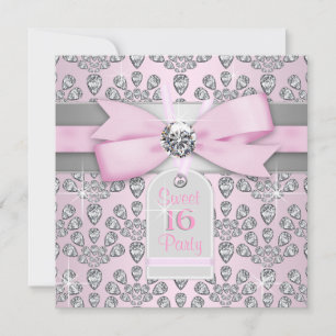 Invitation Fête des 16 ans Rose Diamant Rose et Gris