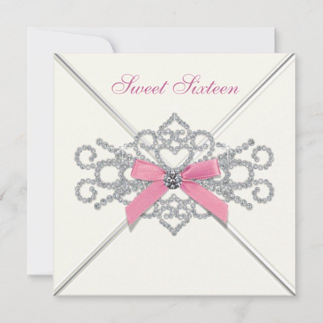 Invitation Fête des 16 ans Rose et Diamants Blancs (Devant)
