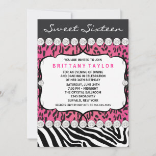 Invitation Fête des 16 ans Rose Léopard Zèbre
