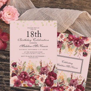 Invitation Fête des 18 ans Burgundy Fleur Rose Paillettes Dor