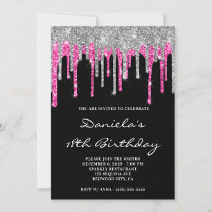 Invitation Fête des 18 ans Noir avec Gouttes de Paillettes Ro