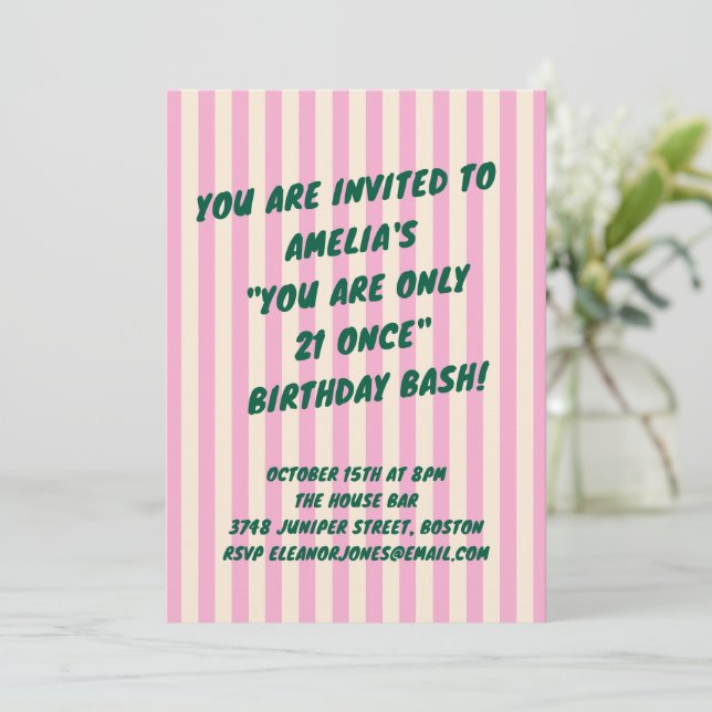 Invitation Fête des 21 ans avec rayures rétro rose et vert (Debout devant)