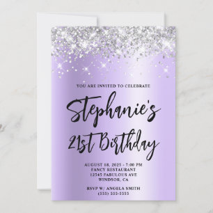 Invitation Fête des 21 ans Bold Silver Glitter Lavande Shimme