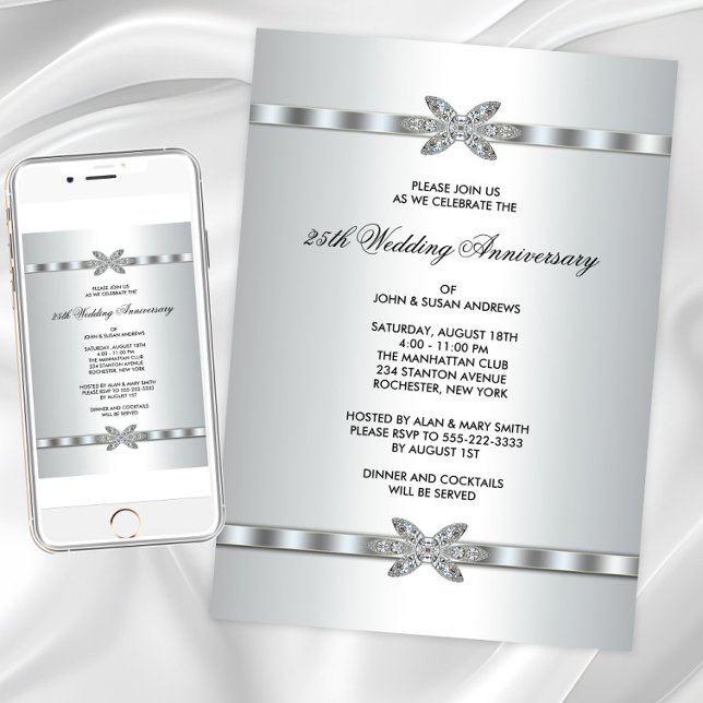 Invitation Fête des 25 ans de mariage Diamants d'Argent (Silver diamond any event invitation. Instant download and printed invitations available.)