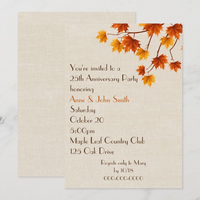 Invitation Fête des 25 ans de mariage Feuilles d'automne  (Devant / Derrière)