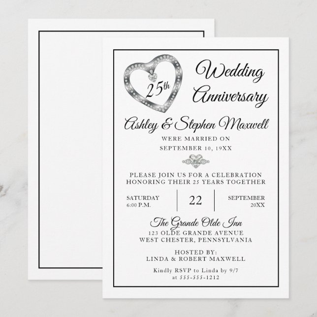 Invitation Fête des 25 ans de mariage Heart Diamonds (Devant / Derrière)