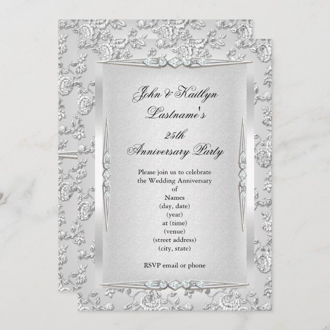 Invitation Fête des 25 ans de mariage Rose damassée Argent Bl (Devant / Derrière)