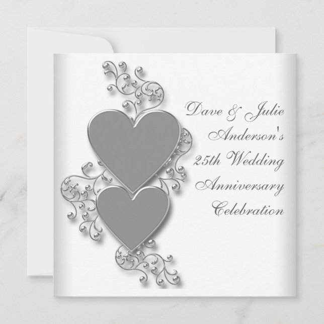 Invitation Fête des 25 ans de mariage Silver Hearts (Devant)