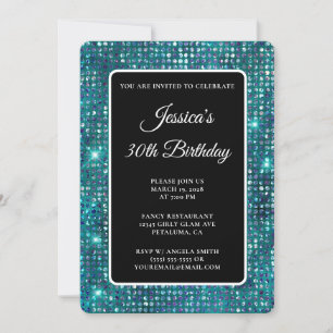 Invitation Fête des 30 ans Bleu Turquoise Diamant Noir et Bla