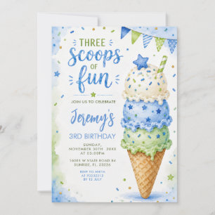 Invitation Fête des 3 ans Blue & Green Trois Boules de Fun