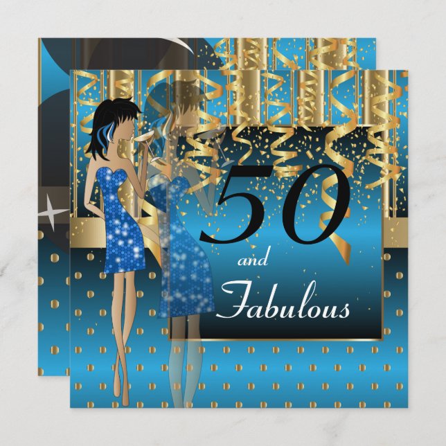 Invitation Fête des 50 ans Anniversaire Fille | Bleu & Or (Devant / Derrière)
