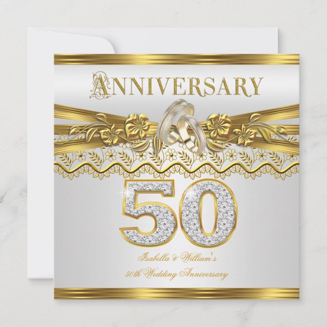 Invitation Fête des 50 ans de mariage Anneaux dorés Blanc (Devant)