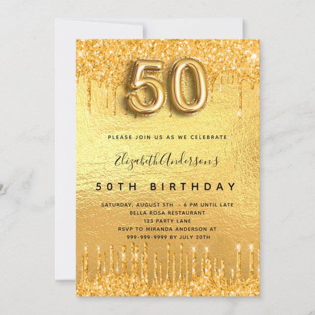 Invitation fête des 50 ans paillettes dorées qui coulent (Devant)