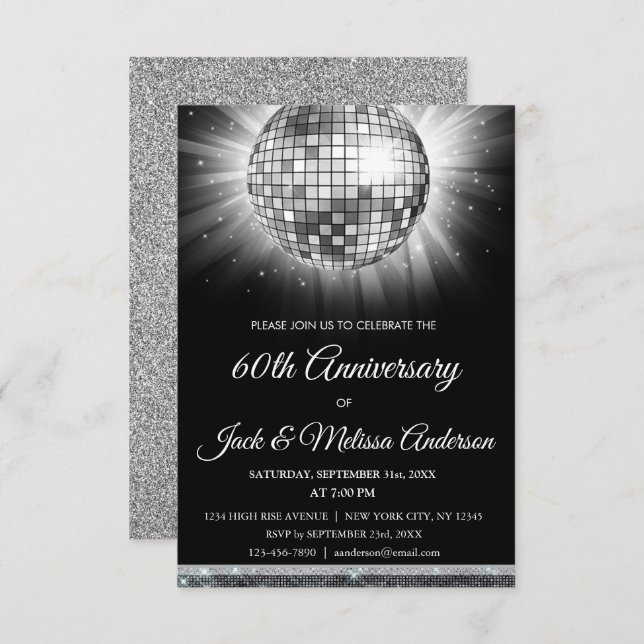 Invitation Fête des 60 ans de mariage Boule disco argentée (Devant / Derrière)