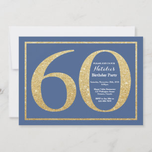 Invitation Fête des 60 ans paillettes bleues et or