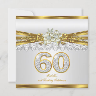 Invitation Fête des 60 ans White Pearl Gold Lace Floral