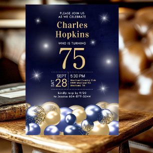 Invitation Fête des 75 ans Ballons Bleu Nuit Or
