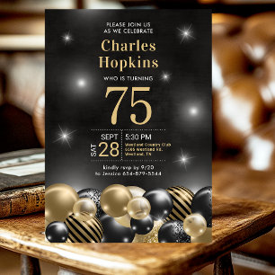 Invitation Fête des 75 ans Ballons noirs et dorés