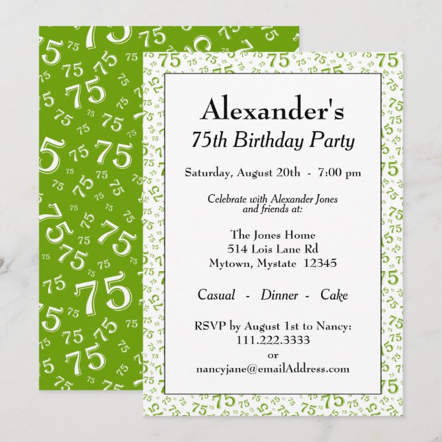 Invitation Fête des 75 ans Motif de nombres vert et blanc (Devant / Derrière)
