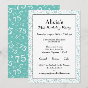 Invitation Fête des 75 ans Teal/Blanc Motif de nombres