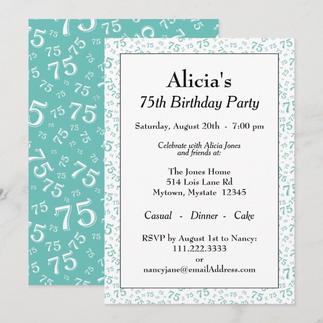 Invitation Fête des 75 ans Teal/Blanc Motif de nombres (Devant / Derrière)