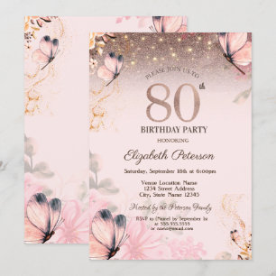 Invitation Fête des 80 ans avec Lumières, Fleurs et Papillons