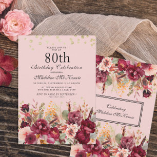 Invitation Fête des 80 ans Burgundy Fleur Rose Paillettes Dor