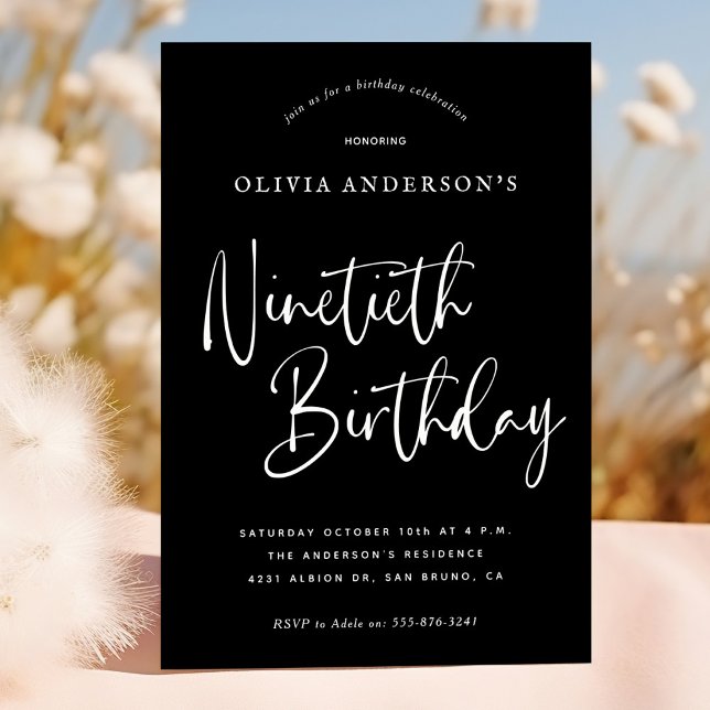 Invitation Fête des 90 ans | Typographie Blanc sur Noir (Créateur téléchargé)