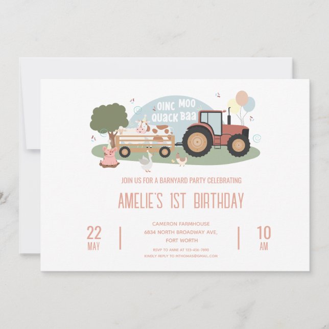Invitation Fête des animaux de ferme 1er anniversaire (Devant)