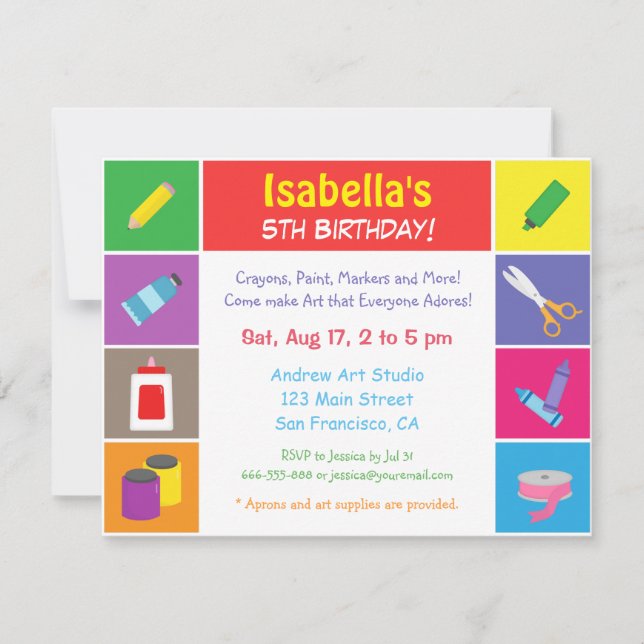 Invitation Fête des Anniversaires de enfants à thème Arts et  (Devant)