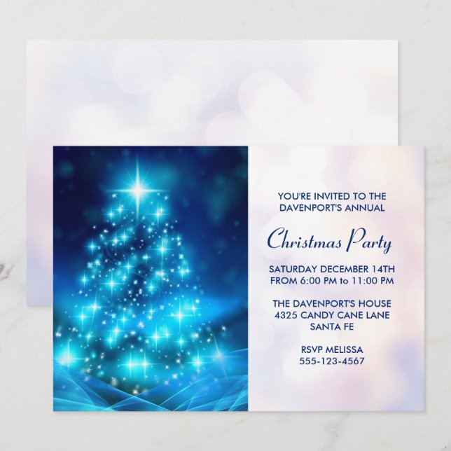 Invitation Fête des arbres de Noël bleu électrique moderne (Devant / Derrière)