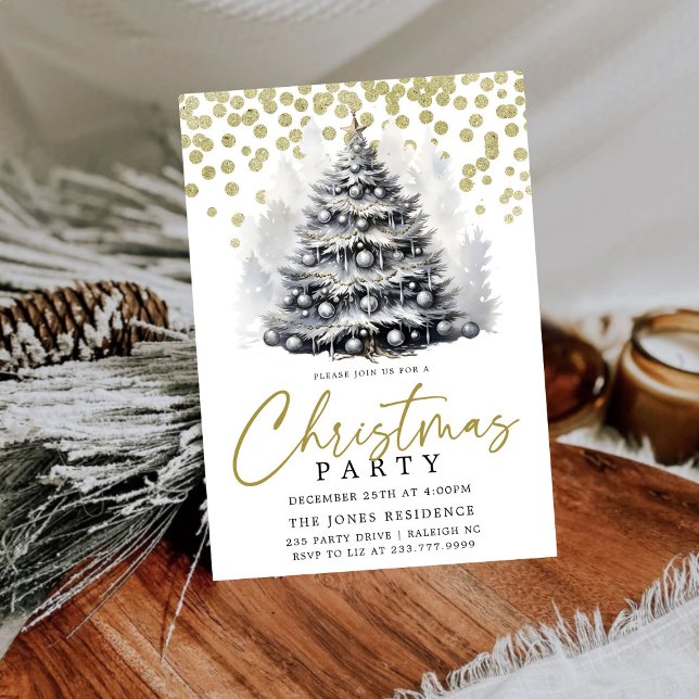 Invitation Fête des arbres de Noël noirs et blancs (Créateur téléchargé)