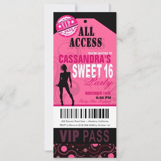 Invitation Fête des billets VIP Sweet 16, rose et noir (Devant)