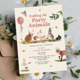 Invitation Fête des bois Animaux rose fête d'anniversaire
