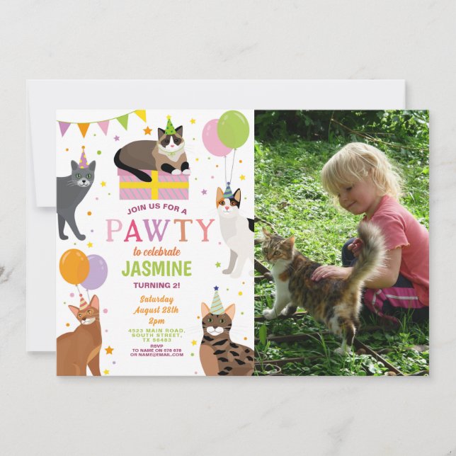 Invitation Fête des chats Fête d'anniversaire Filles Amusants (Devant)