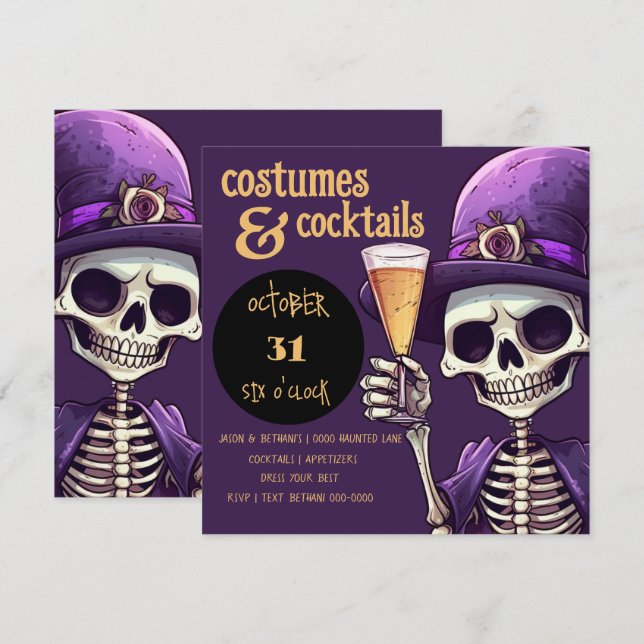 Invitation Fête des costumes et cocktails squelettes éffrayan (Devant / Derrière)