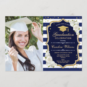 Invitation Fête des diplômes avec photo - Blanc Gold Navy