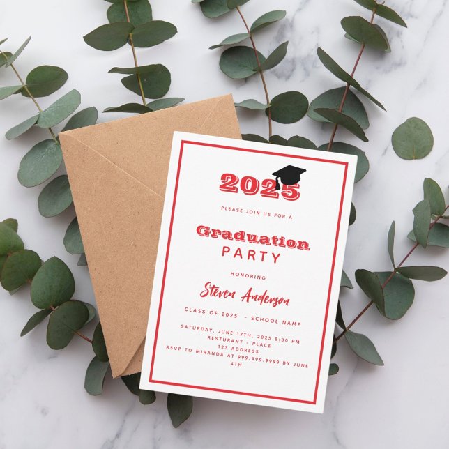 Invitation Fête des diplômés rouge blanc 2025 (Créateur téléchargé)