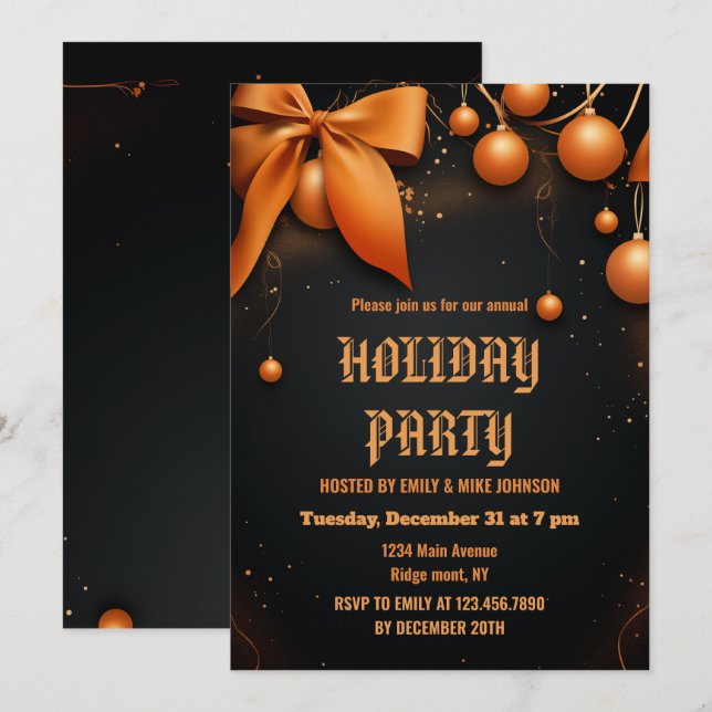 Invitation Fête des Fêtes de Noël Orange et Black Holly 2025 (Devant / Derrière)