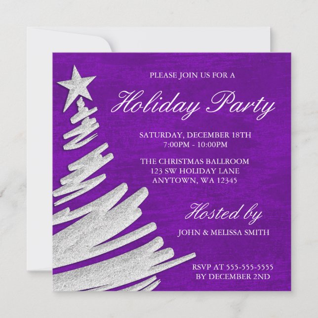 Invitation Fête des fêtes des sapins de Noël pourpres et arge (Devant)