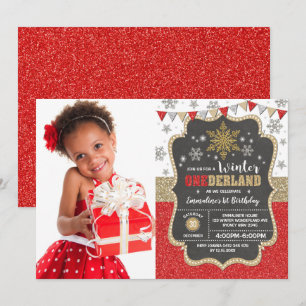 Invitation Fête des Fêtes d'hiver Red Gold Snowflake 1er anni