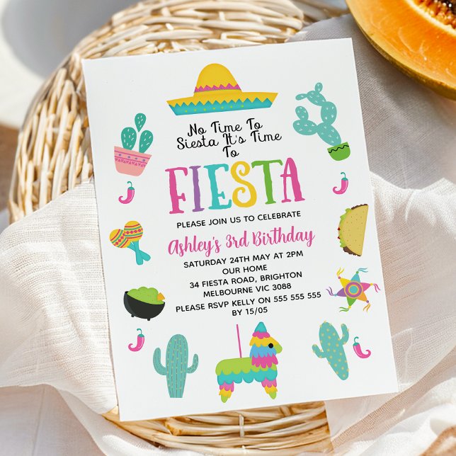 Invitation Fête des filles modernes multicolores (Girls Fiesta Birthday Invitation, Birthday Fiesta Invite, Fiesta Birthday Party Invitation Editable)