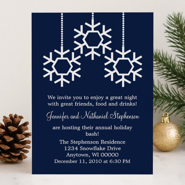 Invitation Fête des flocons de neige en chute, Bleu foncé (Dark Blue Falling Snowflakes Holiday Party Invitation)