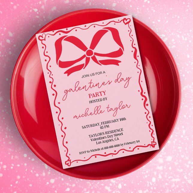 Invitation Fête des Galentines pittoresques, roses et rouges (whimsical red bow on the pink background galentine's day invitation)