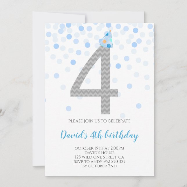 Invitation Fête des Garçons Blue Confetti 4 Anniversaire (Devant)