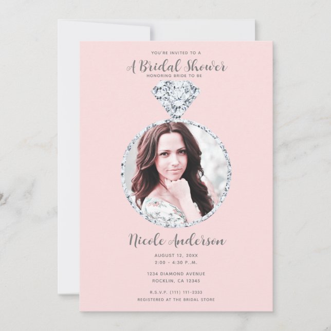Invitation Fête des mariées à anneau Mariage de diamant rose (Devant)