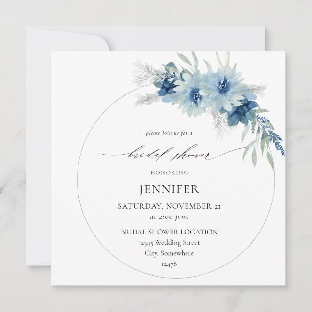 Invitation Fête des mariées à anneaux fleurie Dusty Blue Boho (Devant)
