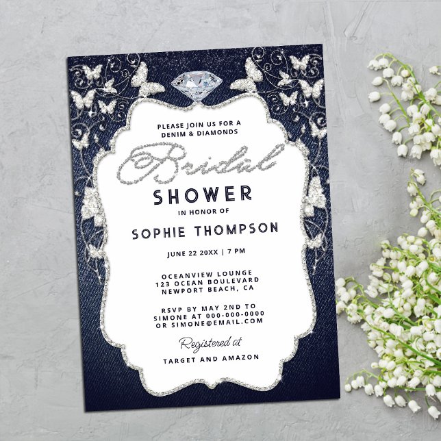 Invitation Fête des mariées à billes de papillon Denim Diamon (Créateur téléchargé)